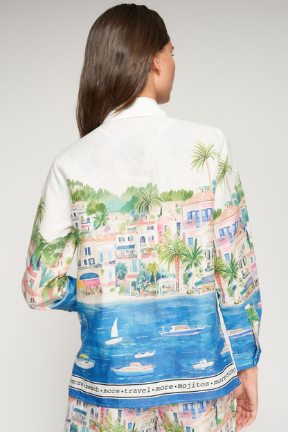 Rear view of Vilagallo 33566 Coastal City Print Linen Shirt by vilagallo shop vilagallo at Dotique with detailed coastal design