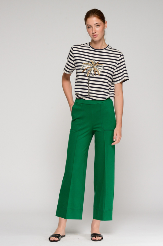 Model wearing Vilagallo 33640 Wide-Leg Green Trousers with Front Seams by vilagallo shop vilagallo at Dotique casual pose