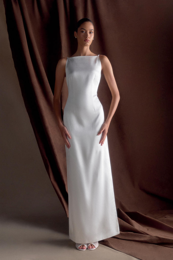 Violet Sleeveless Satin Maxi Dress - White