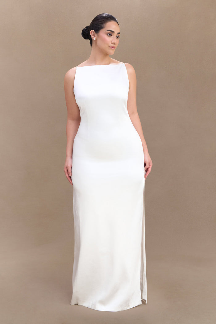 Violet Sleeveless Satin Maxi Dress - White