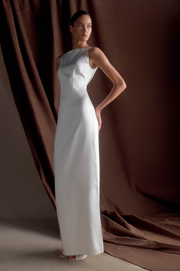 Violet Sleeveless Satin Maxi Dress - White
