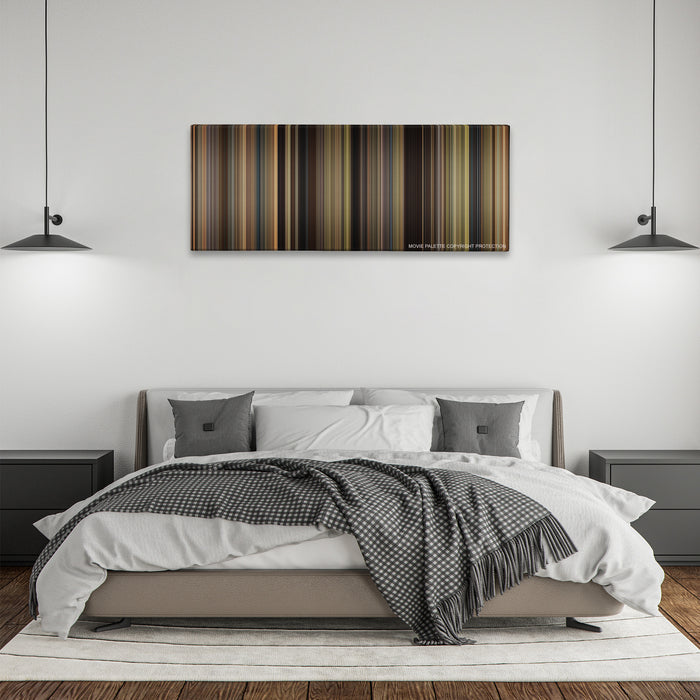 We Bought a Zoo color palette canvas above a bed, between two black pendant lamps