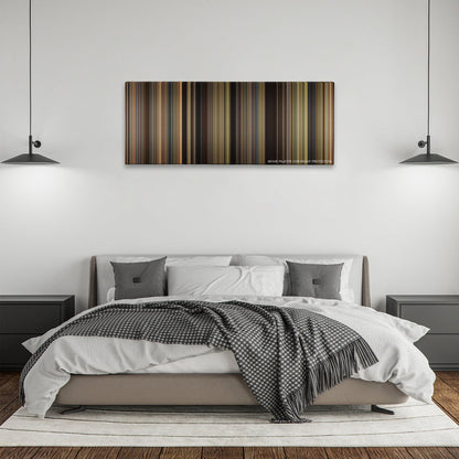 We Bought a Zoo color palette canvas above a bed, between two black pendant lamps