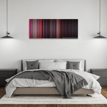 West Side Story color palette canvas above a bed, between two black pendant lamps