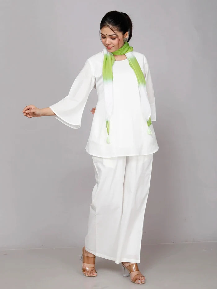 White Cotton Co-ord Set with Scarf