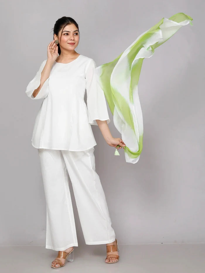 White Cotton Co-ord Set with Scarf