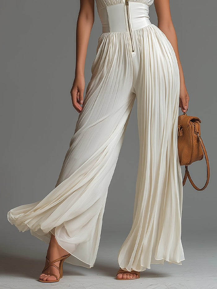 White Pleated Chiffon Jumpsuit for Women
