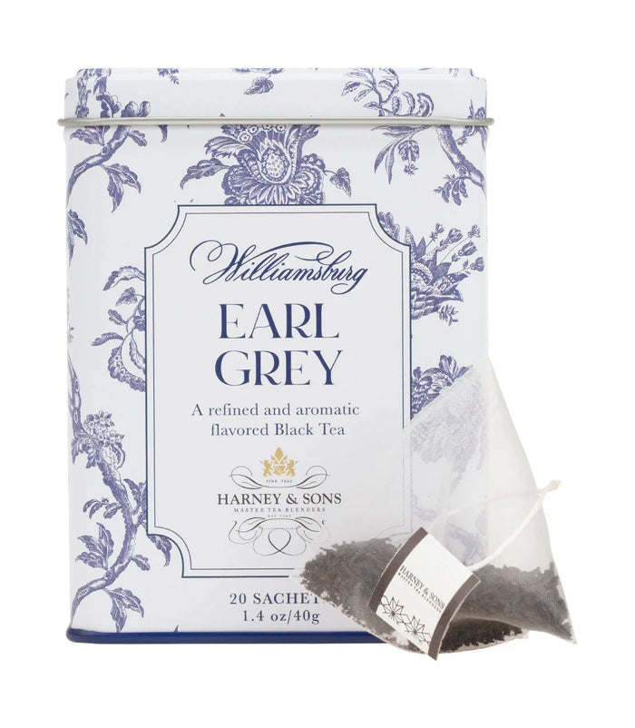 Williamsburg Earl Grey Tea by Harney & Sons — tea packaging and serving presentation; styled props are separate