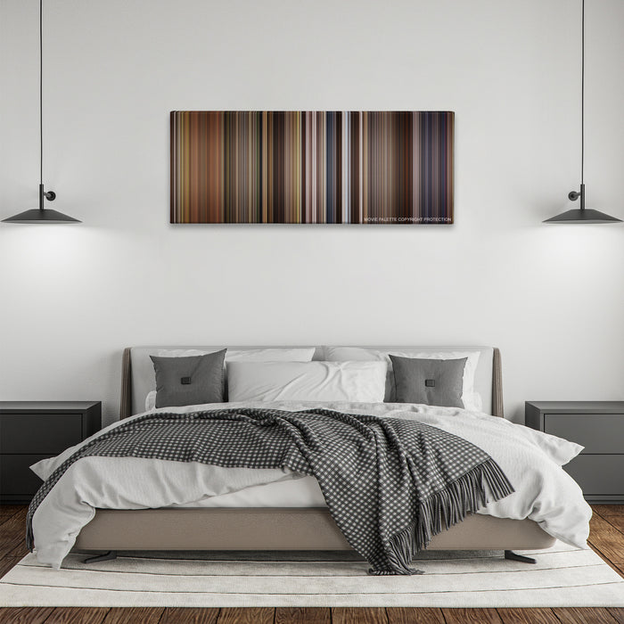 Willow color palette canvas above a bed, between two black pendant lamps
