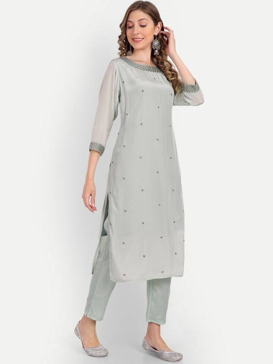 Women Ethnic Motifs Embroidered Mirror Work Kurta with Trousers
