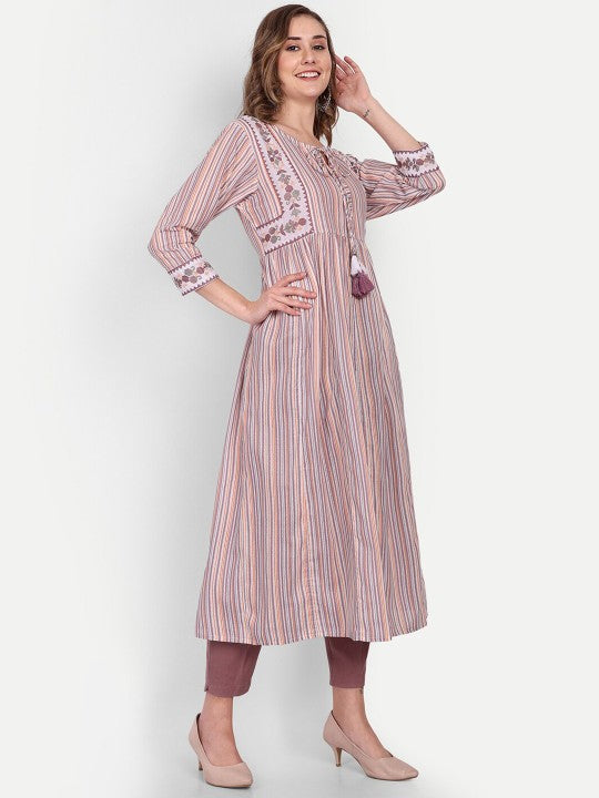 Women Striped Cotton Tie-Ups Neck Anarkali Kurta