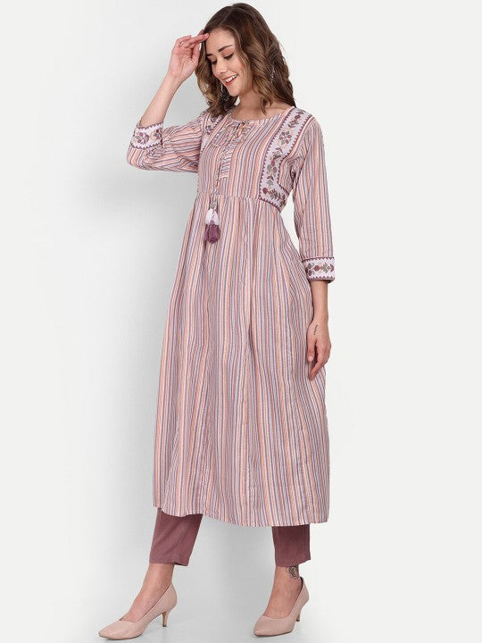 Women Striped Cotton Tie-Ups Neck Anarkali Kurta