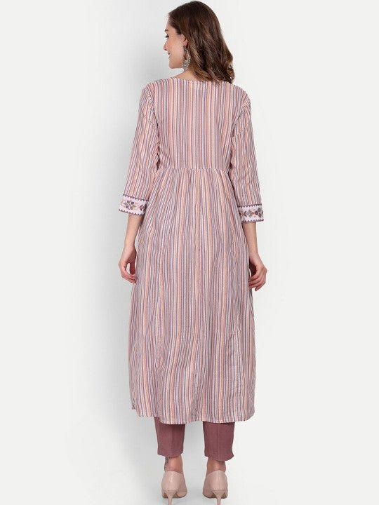 Women Striped Cotton Tie-Ups Neck Anarkali Kurta