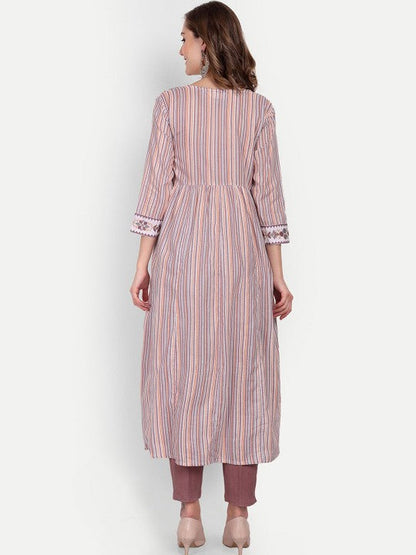 Women Striped Cotton Tie-Ups Neck Anarkali Kurta