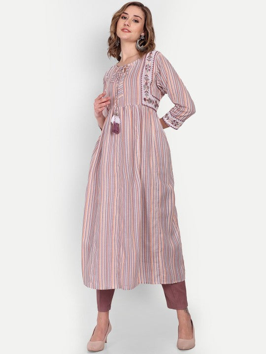 Women Striped Cotton Tie-Ups Neck Anarkali Kurta