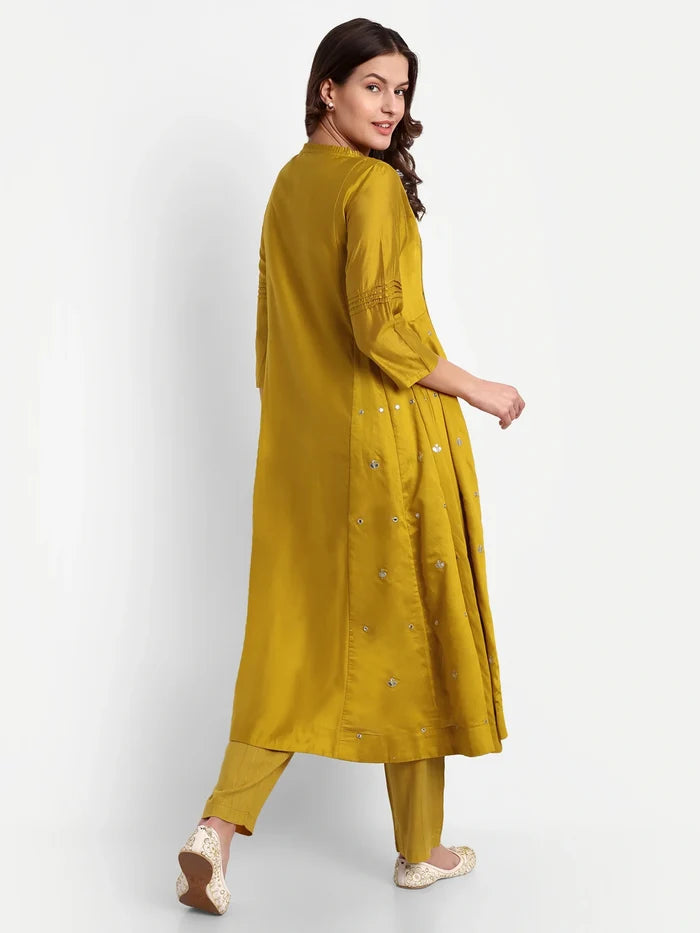 Yellow Chanderi Silk Embroidered Kurti Set