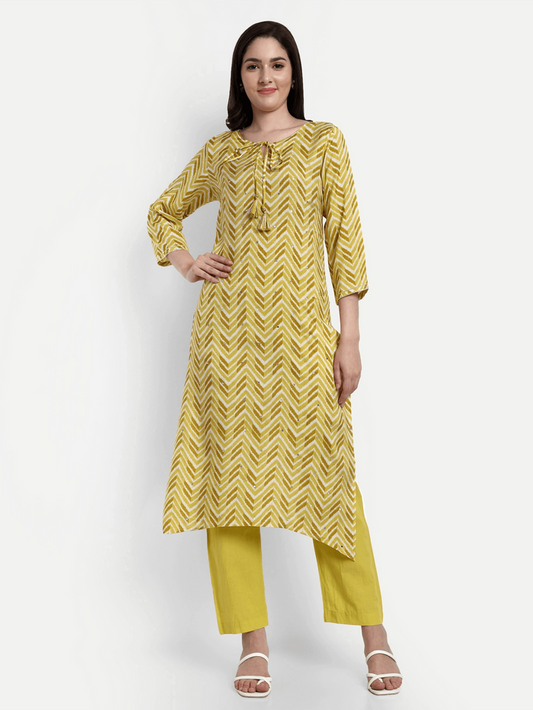 Yellow Cotton Printed Kurti Set