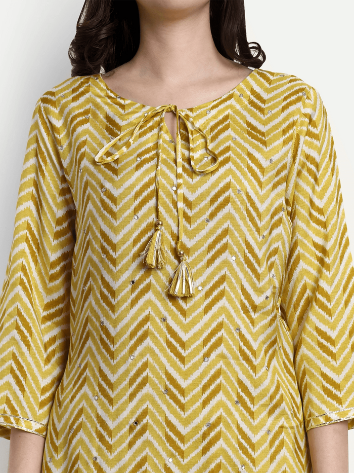 Yellow Cotton Printed Kurti Set