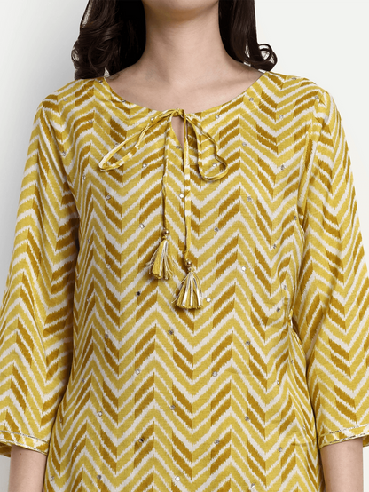Yellow Cotton Printed Kurti Set