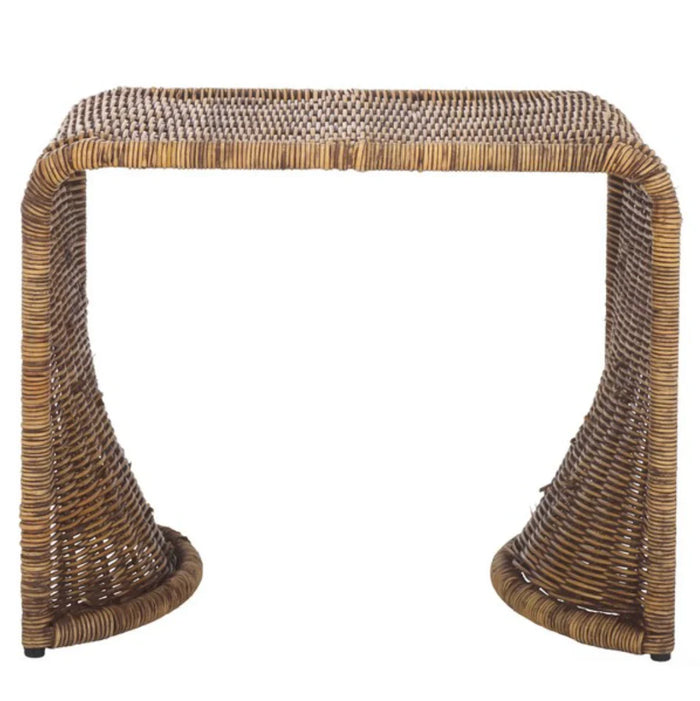 Woven side table with a natural brown finish on a white background
