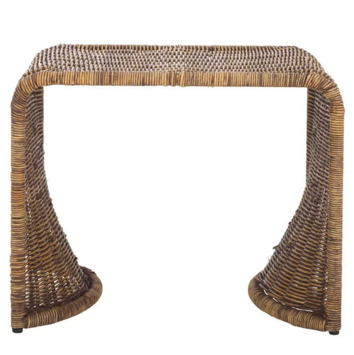Woven side table with a natural brown finish on a white background